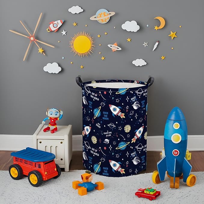 HIYAGON Kids Laundry Basket Baby Hamper for Nursery Boys Kids Hamper Cute Kids Toys Storage Bin Organizer Butterfly Room Decor for Home(Rocket Planet)
