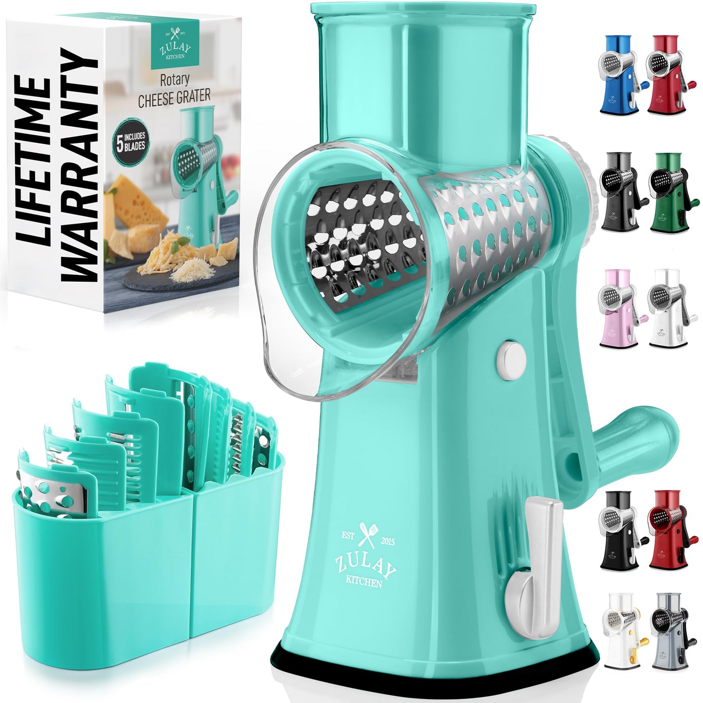 Zulay Kitchen Rotary Cheese Grater 5 Blade Cheese Shredder - Manual Hand Crank Cheese Grater With Reinforced Suction & 5 Interchangeable Drums - Easy to Use, Vegetable Chopper Round Mandoline Slicer