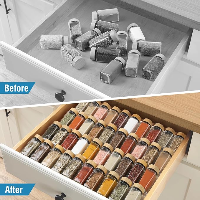 Spice Drawer Organizer 4 Tier, Acrylic Seasoning Organizer Rack, Clear Spice Rack Tray, Kitchen Seasoning Jars Drawers Insert (Jars Not Included/Expandable From 9" to 18")