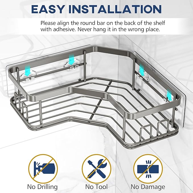 MAXIFFE 3 Pack Corner Shower Caddy with Soap Holder, Large Capacity Sturdy Easy Install No Drilling Stainless Steel Hold 40 LBS Shower Organizer Shelves Rack Storage for Family Renters Bathroom, Grey