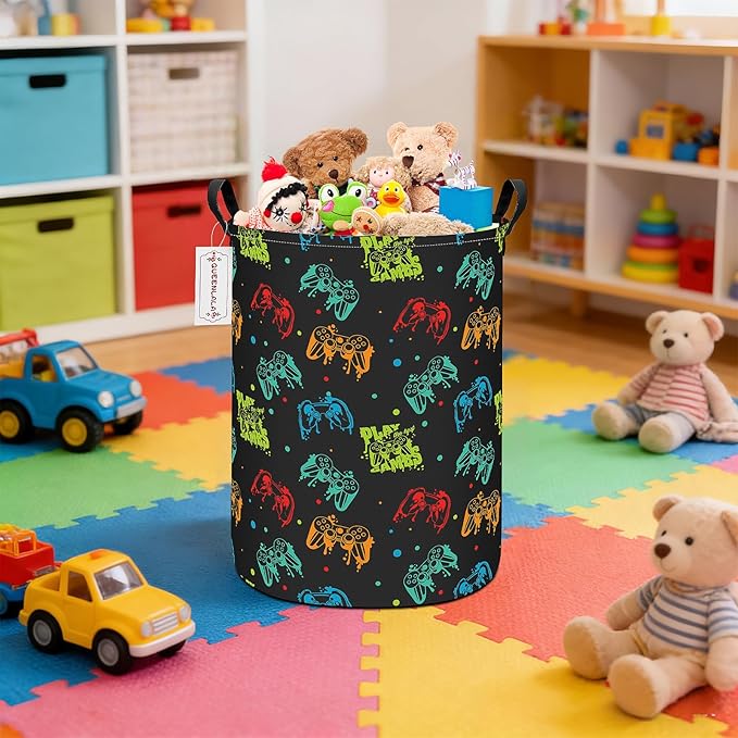QUEENLALA Large Storage Basket,Laundry Hamper/Bathroom/Home Decor/Collapsible Round Storage Bin,Boys and Girls Hamper/Boxes/Clothing(Round-Black Game)