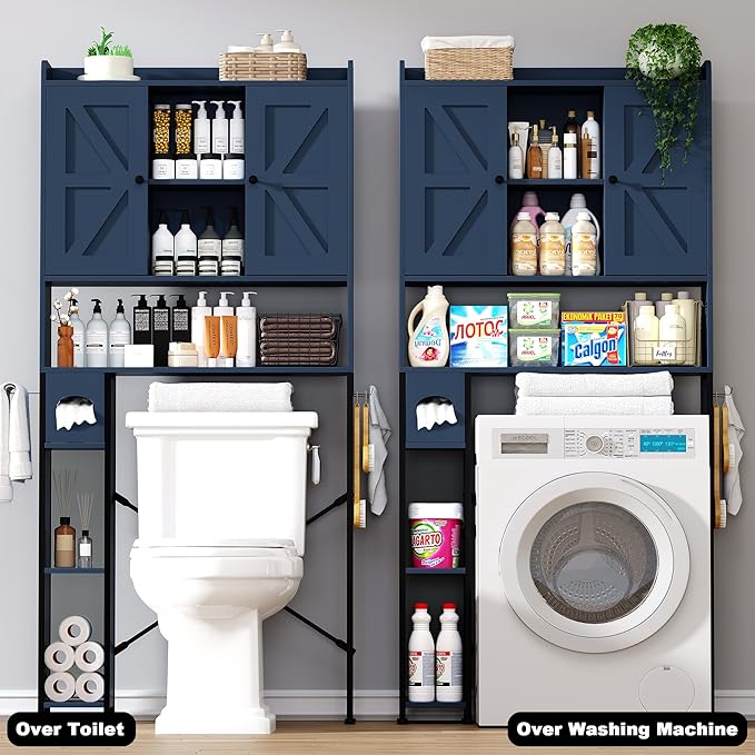 EasyCom Over The Toilet Storage Cabinet with Metal Frame and 7 Storage Shelves, Bathroom Organizer with Adjustable Shelves and Paper Holder, Farmhouse Storage Cabinet for Bathroom, Laundry, Dark Blue