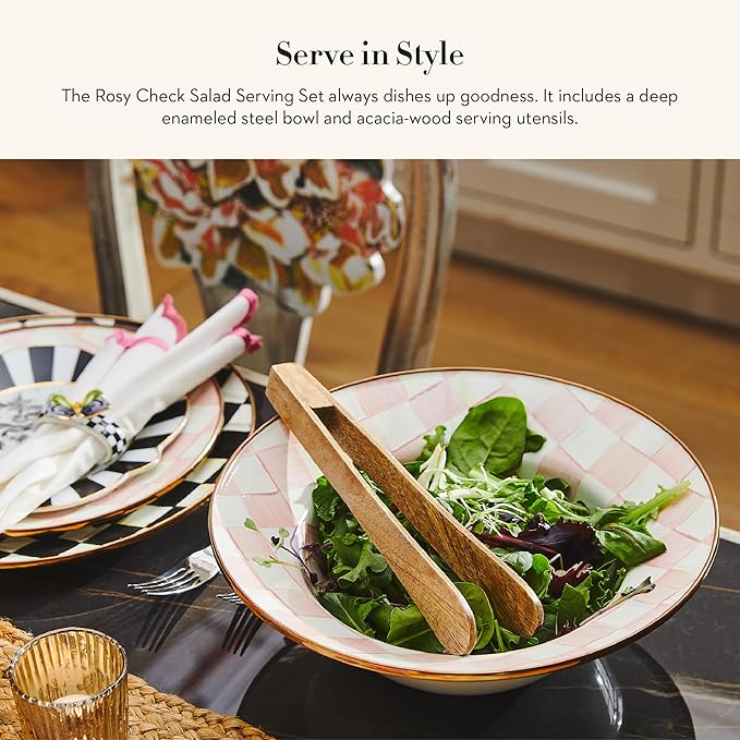 MACKENZIE-CHILDS Enamel Salad Serving Set, Pink-and-White Rosy Check