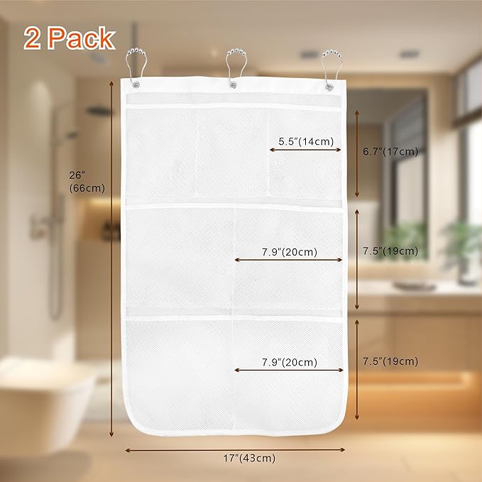 Shower Organizer, Mesh Shower Caddy Quick Drying Hanging, 7 Pockets With 6 Hooks, Hanging Portable, Can Store Soap, Loofah Shampoo and Cruise Ship Essentials, 17 Inch by 26 Inch, White, 2 Pack