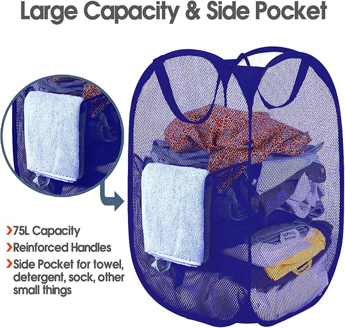 BATTOO Deluxe Strong Mesh Pop up Laundry Hamper Basket with Side Pocket Foldable Hamper for Laundry Room, Bathroom, Kids Room, College Dorm or Travel Royal Blue