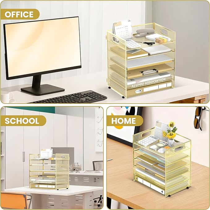 Daltack 6 Tier Paper Organizer for Desk, Paper Letter Tray Organizer for Desks, Mesh Desk File Organizers with Handle for Office, Home, School, Gold