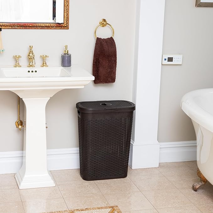 Mind Reader Slim Laundry Hamper with Lid, 40L Clothes Basket, Premium Wicker Design, Plastic, Brown