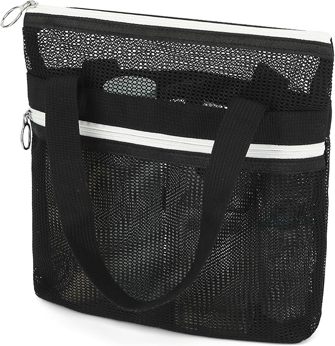 Mesh Shower Caddy Portable Shower Bag for Travel, Gym, Camping – Quick-Dry Hanging Toiletry Organizer with Zipper Pockets for Bathroom Essentials,Black