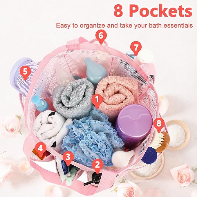 Mesh Shower Caddy Portable for College Dorm Room Essentials, 8-Pocket Large Shower Basket Tote Bag with 2 Handles for Toiletry, Bathroom, Beach, Camp, Gym