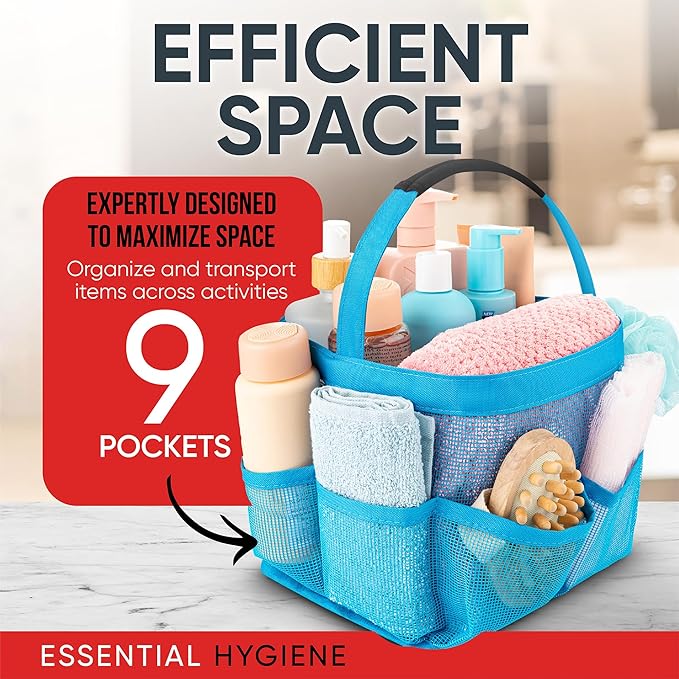 Masirs Shower Caddy Mesh - 9 Pocket Portable Bathroom Organizer Tote for Travel, Gym & Dorm - Collapsible Small Shower Caddy Bag to Hold Toiletries & Essentials (Blue)