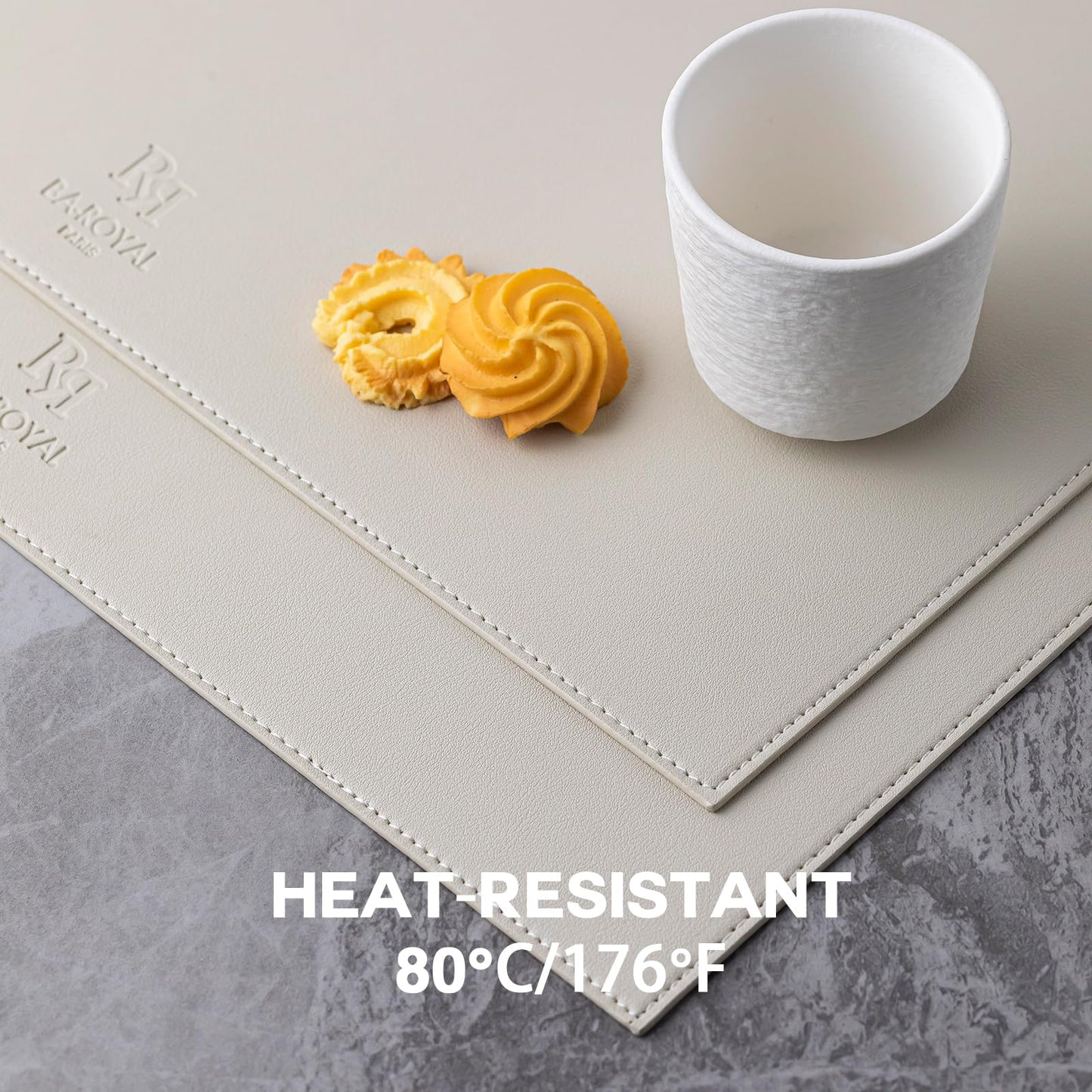 Baroyal Faux Leather Placemats Set of 6 Vinyl Washable Wipeable Table Mats for Kitchen Dining Table Heat Resistant Waterproof Modern Indoor/Outdoor Placemats Non-Slip Easy Clean Place Mats-Cream White