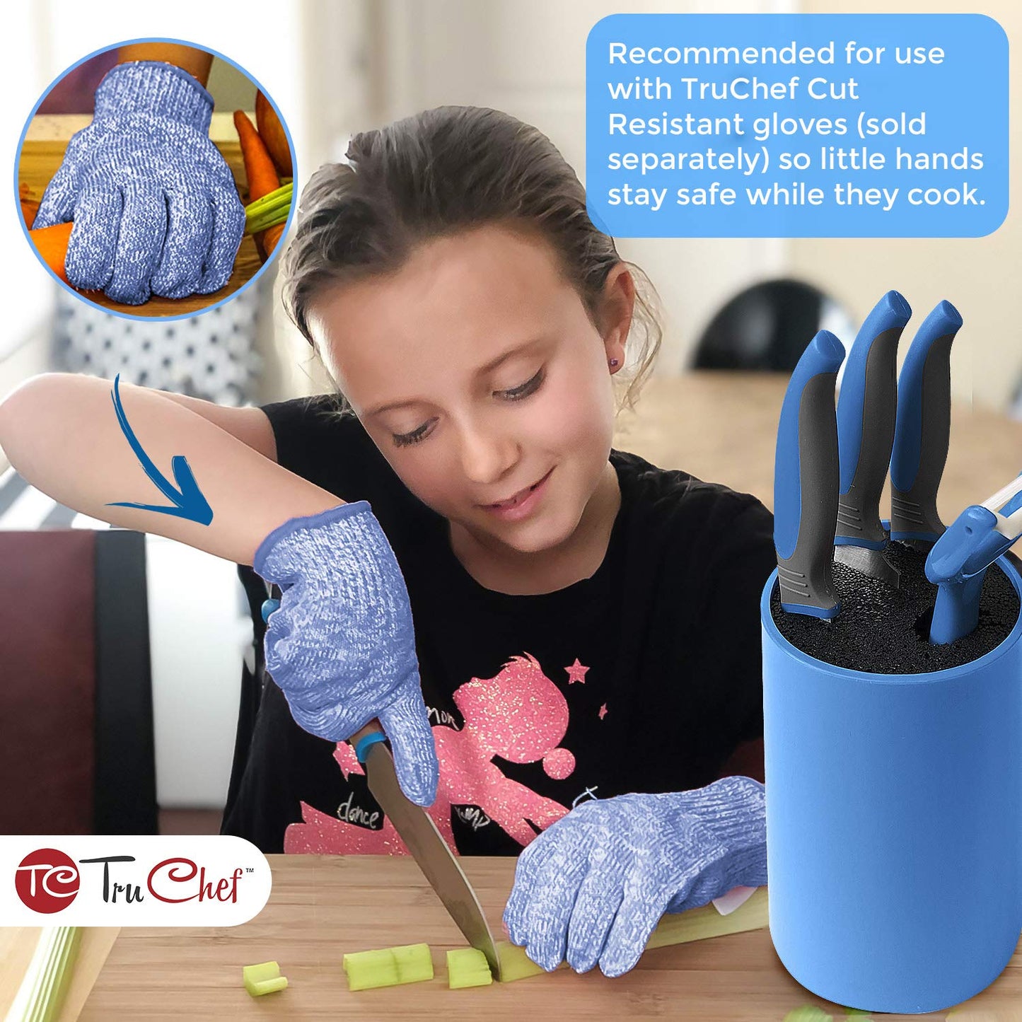 TruChef Kids Knife Set for Real Cooking | Skin Safe Chef Set for Ages 3+ with Rainbow Blades, Cutting Board, Scraper, Recipe Cards | Jr Chef Cooking Gift for Teens & Kids (16 Pcs)