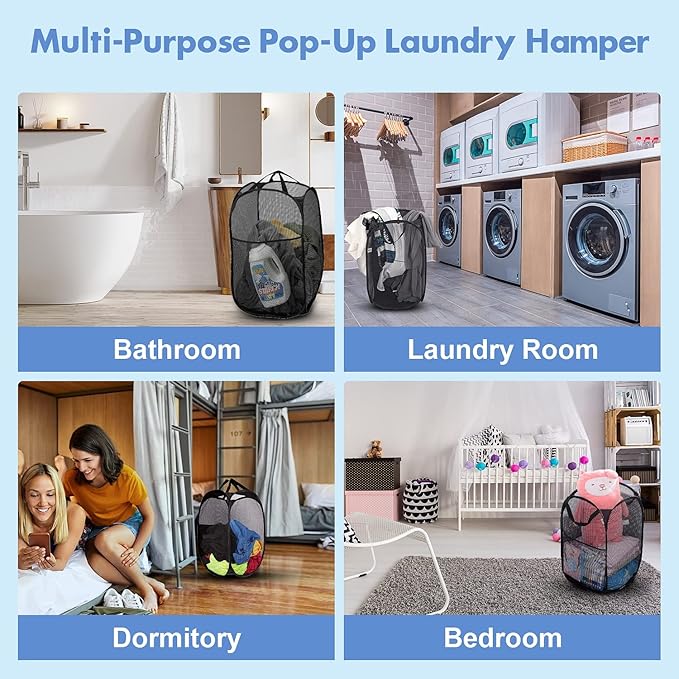 DUCOO Pop Up Hamper, 2 PCS Mesh Pop Up Laundry Hamper, Foldable Mesh Laundry Basket with Space-Saving Design for Home, Dorm, Travel & Storage - Black
