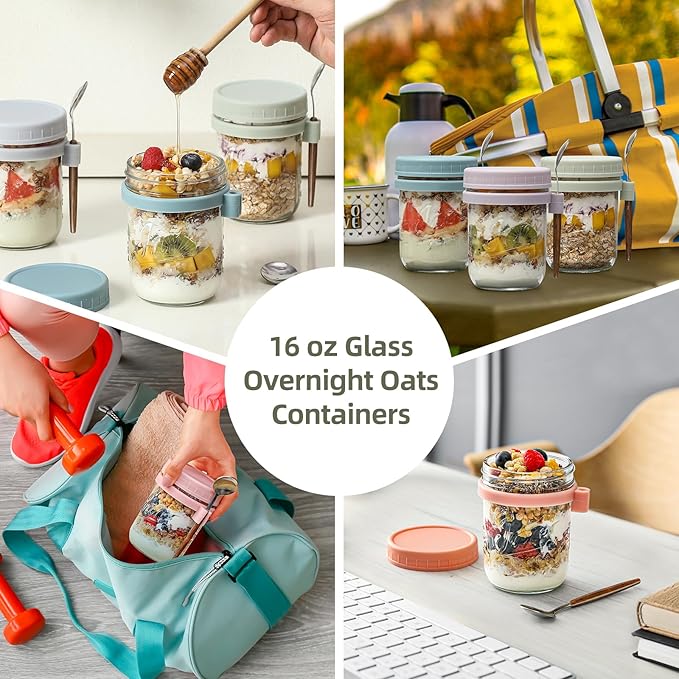 6 Pack Overnight Oats Containers with Lids and Spoons, 16 oz Glass Mason Overnight Oats Jars, Large Capacity Airtight Jars for Milk, Cereal, Fruit