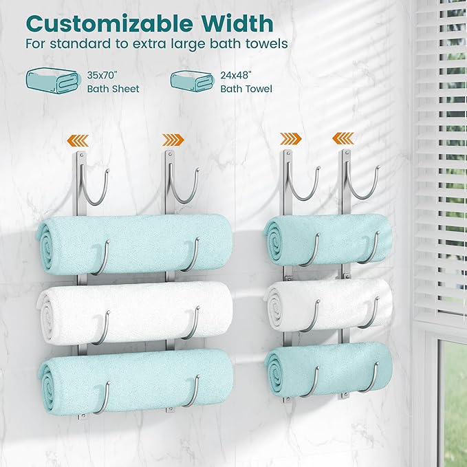 Rolled Towel Rack for Bathroom– 4-Tier Rolled Towel Storage Holder,Metal Organizer for Towels & Large Bath Sheets, Space Saving Rack for Small Bathroom, RV, Camper, Closet, Silver Metal