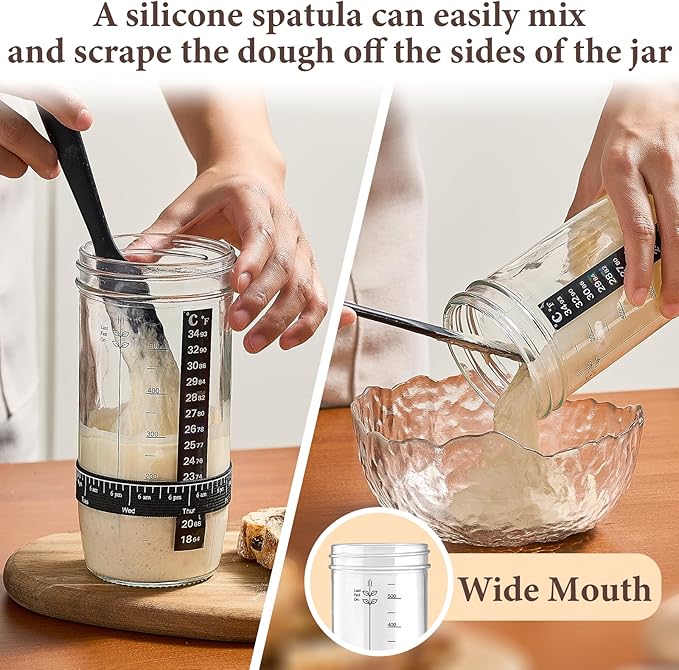 Glass Sourdough Starter Jar 2 Pack, 24 oz Wide Mouth Organic Sourdough Starter Kit with Date Marked Band, Thermometer, Cloth Cover & Metal Lid, Reusable Bread Baking Supplies, Bread Making Accessories