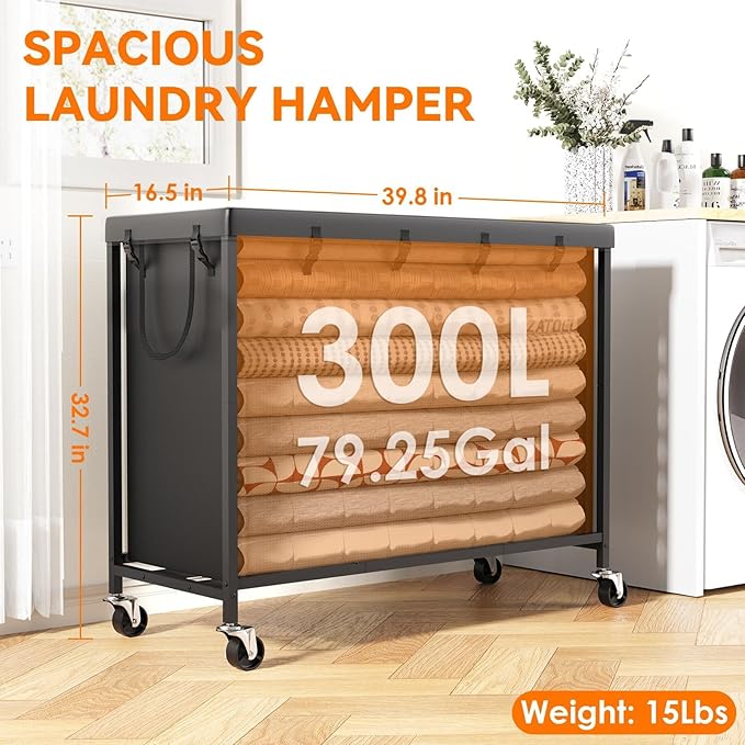 300L Large Laundry Basket with Wheels, Heavy Duty Rolling Laundry Hamper, Oxford Fabric Dirty Clothes Hamper with Thick Iron Frame & Removable Bag, Commercial Hampers for Hotel Home Laundry Room