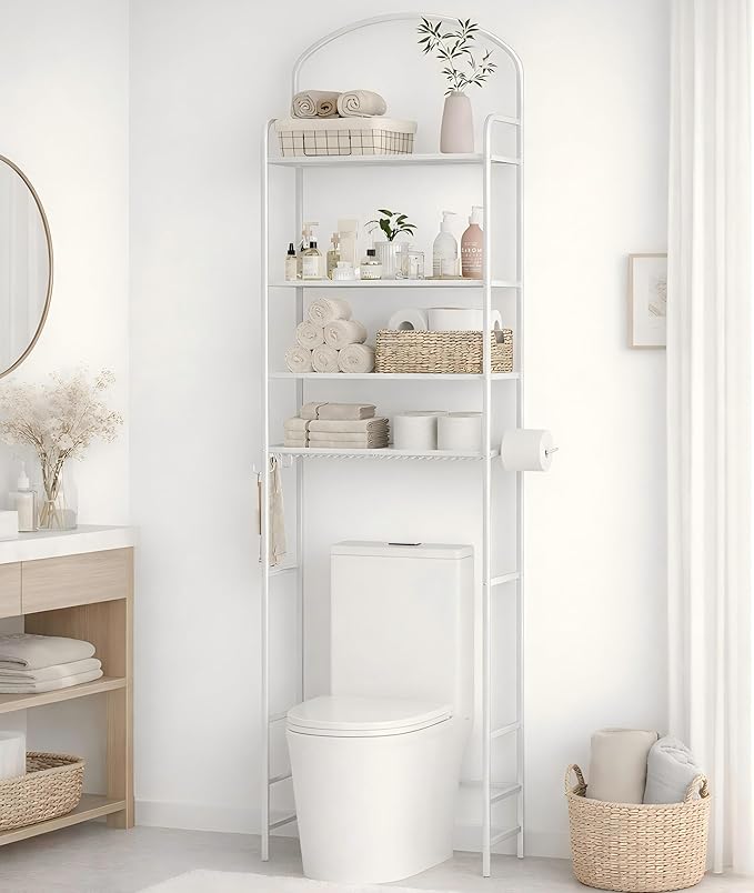 4-Tier Over The Toilet Storage, Bathroom Organizer, Space-Saving, Above Toilet Storage Rack with 4 Hooks and Paper Holder, Metal Shelf, White