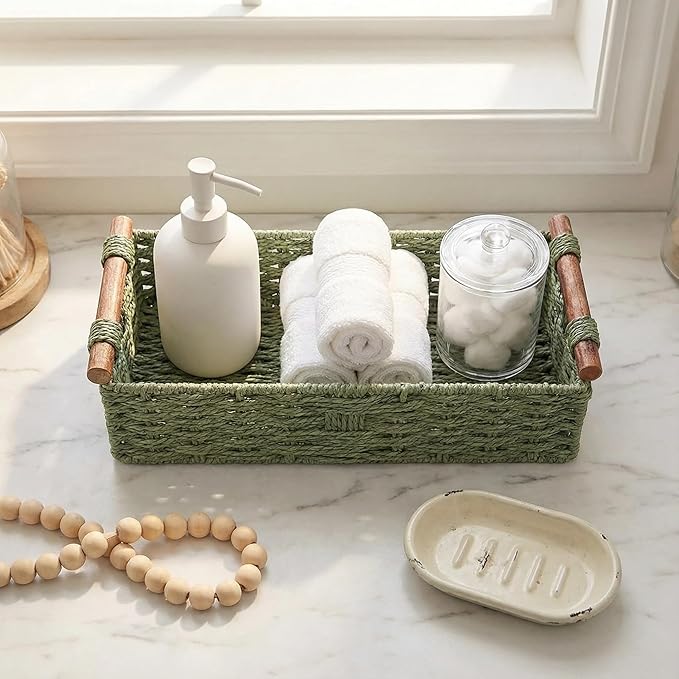 Back of Toilet Basket, Green Wicker Toilet Tank Basket for Toilet Paper Storage (Holds 2 Rolls), Handwoven Paper Rope Bathroom Basket Organizer with Wooden Handles, Basket for Top of Toilet Tank