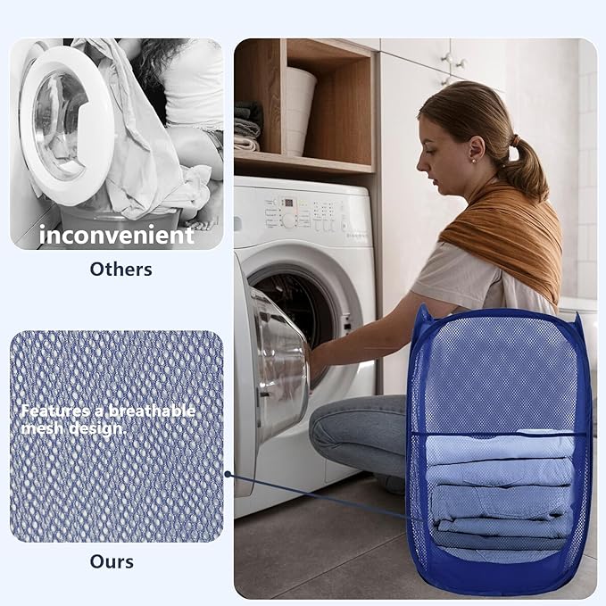 Pop Up Laundry Hamper, Mesh Laundry Basket Collapsible, Foldable Hamper for Travel and Storage (Blue)