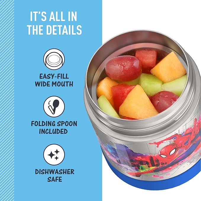 THERMOS FUNTAINER Insulated Food Jar, 10 Ounce, Kid Friendly Food Jar with Foldable Spoon, Spider-Man