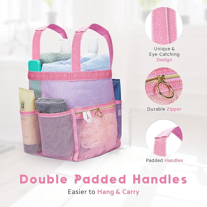 Mesh Shower Caddy Dorm, 7 Pockets & 1 with Zipper, Shower Tote with Padded Handles, Travel Portable, Shower Caddy College Room Essentials, Bathroom Shower Bag (Pink)