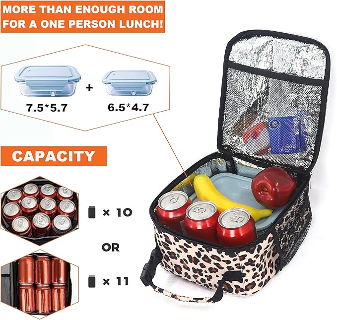 Femuar Lunch Box for Men Women Adults Small Lunch Bag for Office Work Picnic - Reusable Portable Lunchbox, Leopard