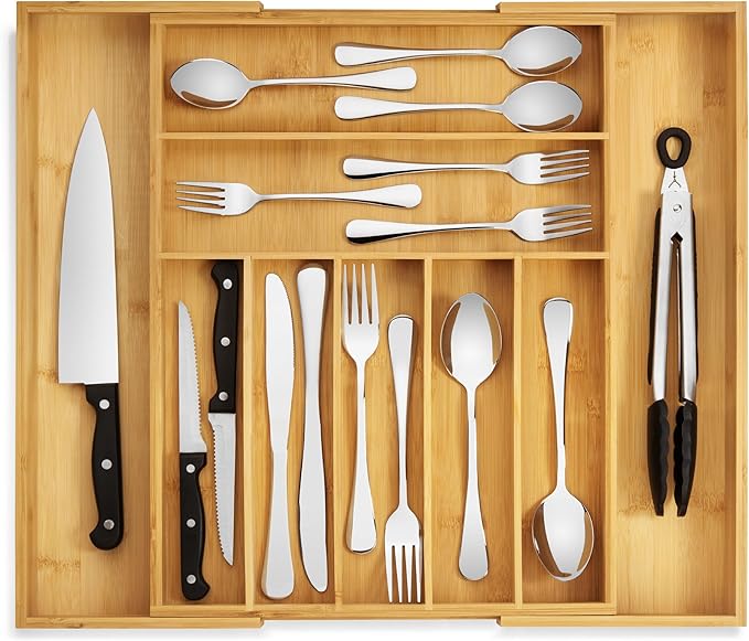 Purawood Kitchen Drawer Organizer - Expandable Utensil Drawer Organizer for Kitchen, Cutlery Tray & Silverware Organizer, 3-5 Slots - Bamboo Organizer for Utensils & Flatware (Grey)