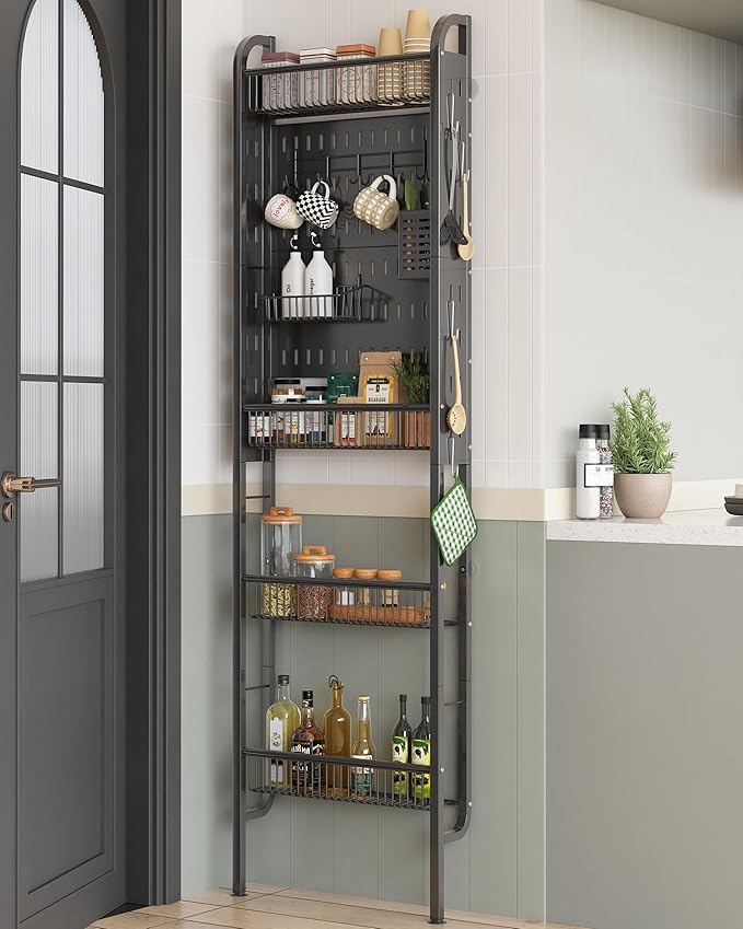 UMDONX Behind The Door Bathroom Shelf Narrow 4-Tier, Metal Storage Rack, Space-Saving Slim Storage Shelf Narrow Shelving Unit for Bathroom and Kitchen Black