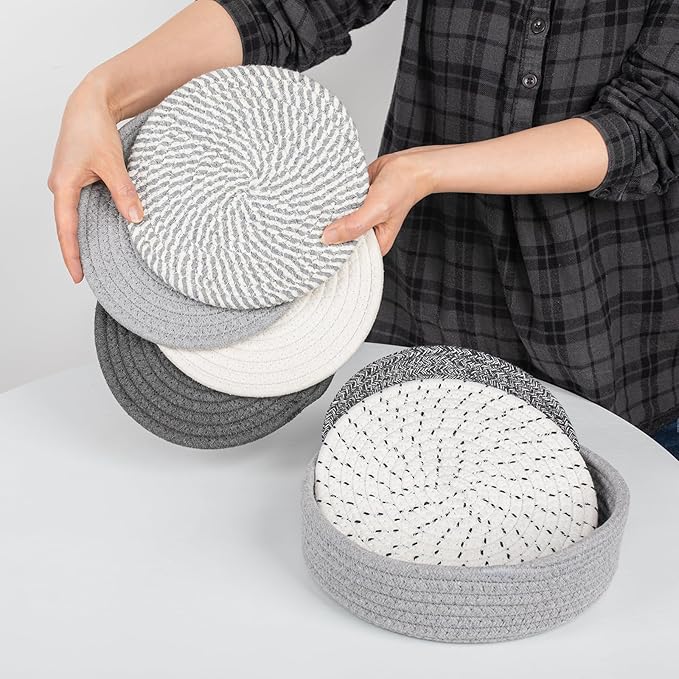 BUEDM 8 Inch Trivets for Hot Dishes, 6 Pcs Cotton Hot Pads with Basket