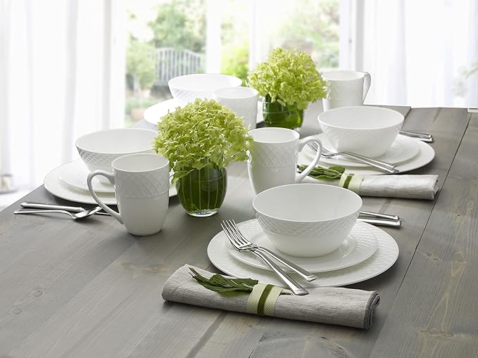 Mikasa Trellis 16-Piece Bone China Dinnerware Set, White, Includes Dinner Plates, Salad Plates, Cereal Bowls and Mugs, Dishwasher Safe