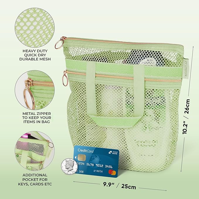 Mesh Shower Bag 10.2x9.9'' Quick-Dry Caddy with Zipper & 2 Pockets. Portable Toiletry Tote for Bathroom, Gym, Travel, Camp, Beach, for Sunscreen, Dorm & College Essentials (Light Green)