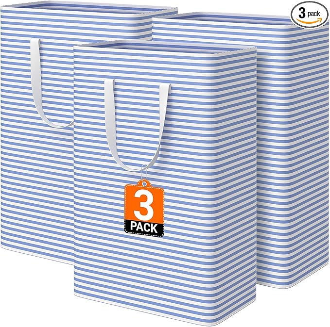3 Pack Large Laundry Basket,Waterproof & Freestanding Laundry Hamper,Collapsible Clothes Hampers with Easy Carry Long & Reinforced Handles in Bathroom,College Dorm(125Lx3,Blue)