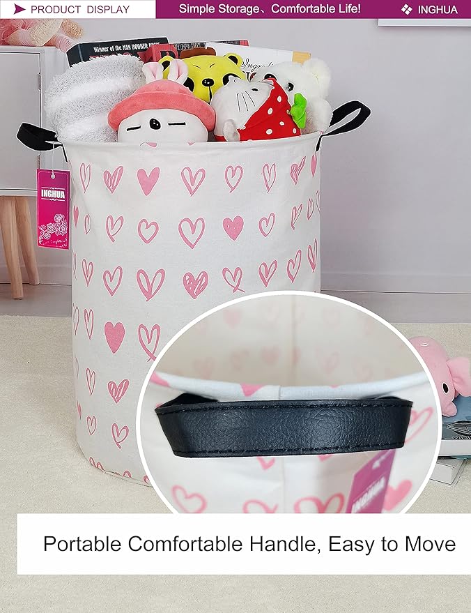 Laundry Hamper Large Canvas Fabric Lightweight Storage Basket/Toy Organizer/Dirty Clothes Collapsible Waterproof for College Dorms, Boys and Girls Bedroom,Bathroom(Pink hearts)