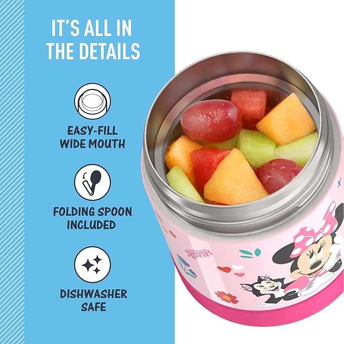 THERMOS FUNTAINER Insulated Food Jar, 10 Ounce, Kid Friendly Food Jar with Foldable Spoon, Preschool Minnie