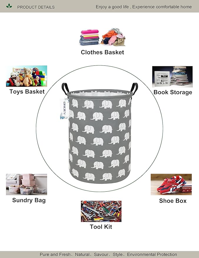 Round waterproof laundry basket,foldable storage basket,laundry Hampers with handle,gift basket,suitable for children's room and toy storage (Elephant)