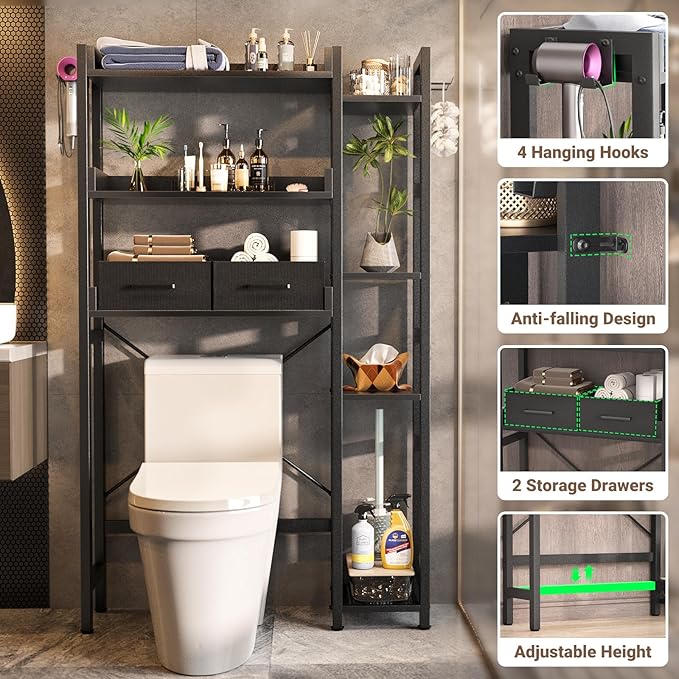 Over The Toilet Storage with 2 Drawers - 7 Tier Bathroom Organizer with Adjustable Shelf, Freestanding Space Saver Storage Rack Above Toilet Stand with 4 Hooks for Restroom, Laundry, Black