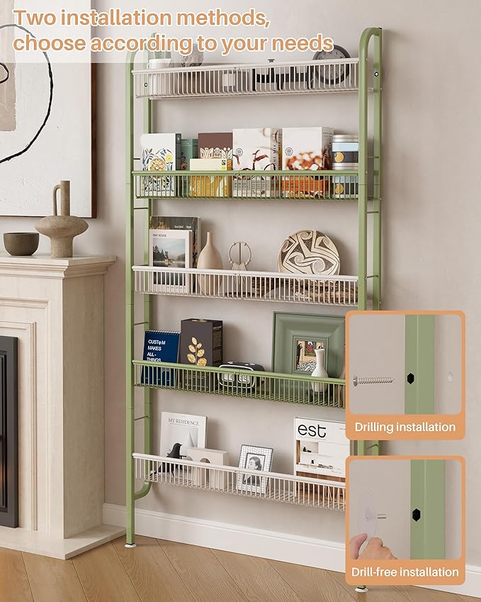 UMDONX Behind The Door Bathroom Shelf Narrow 5-Tier, Space-Saving Slim Storage Shelf Narrow Shelving Unit for Bathroom and Kitchen White