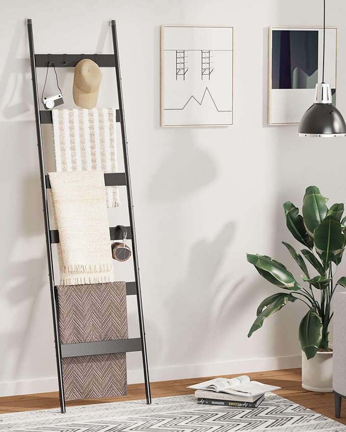 Blanket Ladder, 6-Tier Towel Holder with 4 Removable Hooks, Farmhouse Wall Leaning Decorative Rack Shelf, Wooden Towel Display Rack, Quilt Ladder for Living Room, Bedroom, Black