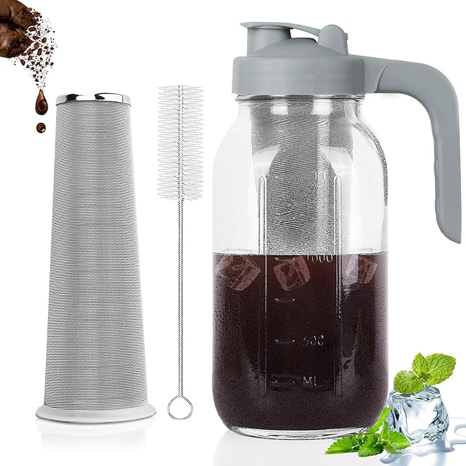 Cold Brew Coffee Maker Pitcher,64 Oz Heavy Duty Glass Mason Jar Pitcher with V-shaped Pour Spout Handle Lid,Stainless Steel Filter for Iced Coffee,Iced tea,Fruit Drinks,lemonade - Blue