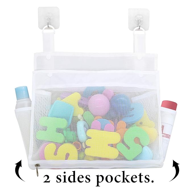 Bath Toy Organizer Multiple Ways to Hang, Extra Large Opening Bathroom Toy Holder, Bottom Zipper Bathtub Toy Storage Bag (White)
