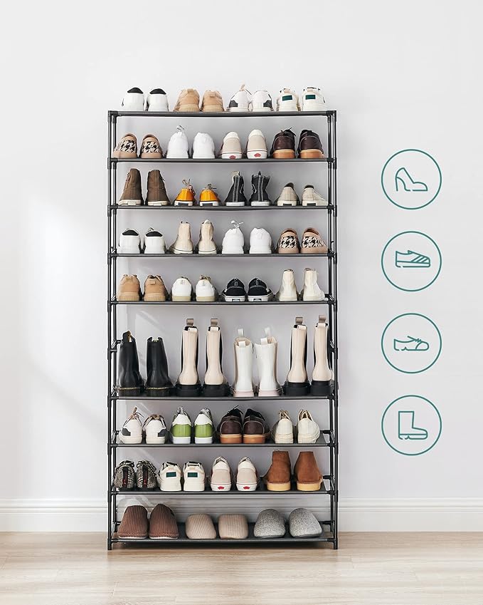 SONGMICS Shoe Rack, 10-Tier Shoe Storage Organizer, Space-Saving, 11 x 32.7 x 62.6 Inches, Entryway, Metal Frame, Non-Woven Fabric Shelves, Ink Black ULSR210B02