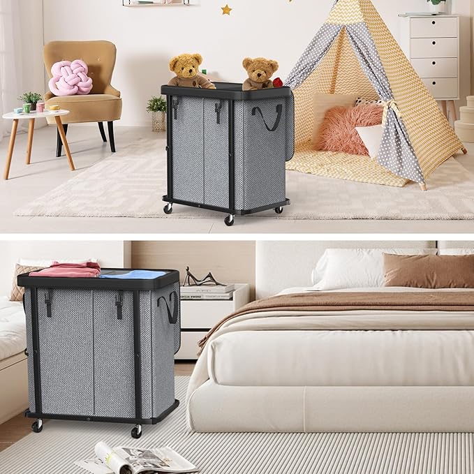 190L (50 Gal) Large Fashion Laundry Basket with Wheels, Leather Patchwork Rolling Hamper Carts, Sturdy Metal Frame, Removable Washable Bag, Tall Clothes Sorter for Bedroom - 2 Setion Gray
