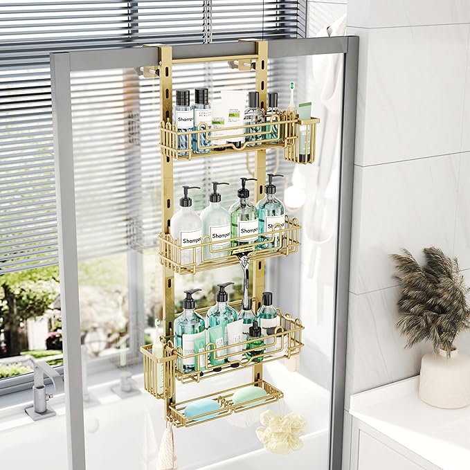 HapiRm Hanging Shower Caddy Organizer - Shower Shelf with 22 Hooks and 2 Toothbrush Holders, No Drilling Adjustable Hanging Bathroom Organizer - Gold