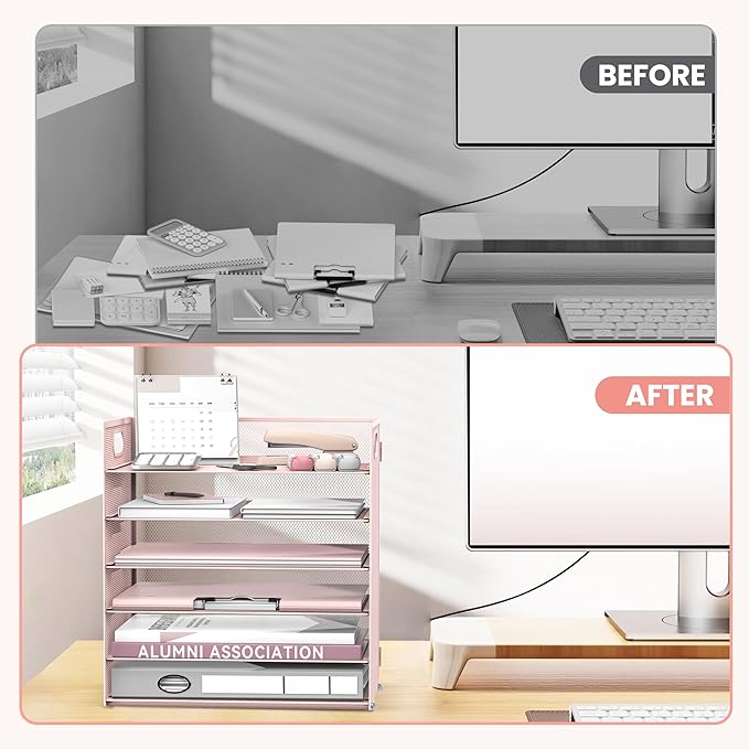Daltack 6 Tier Paper Organizer for Desk, Paper Letter Tray Organizer for Desks, Mesh Desk File Organizers with Handle for Office, Home, School, Pink