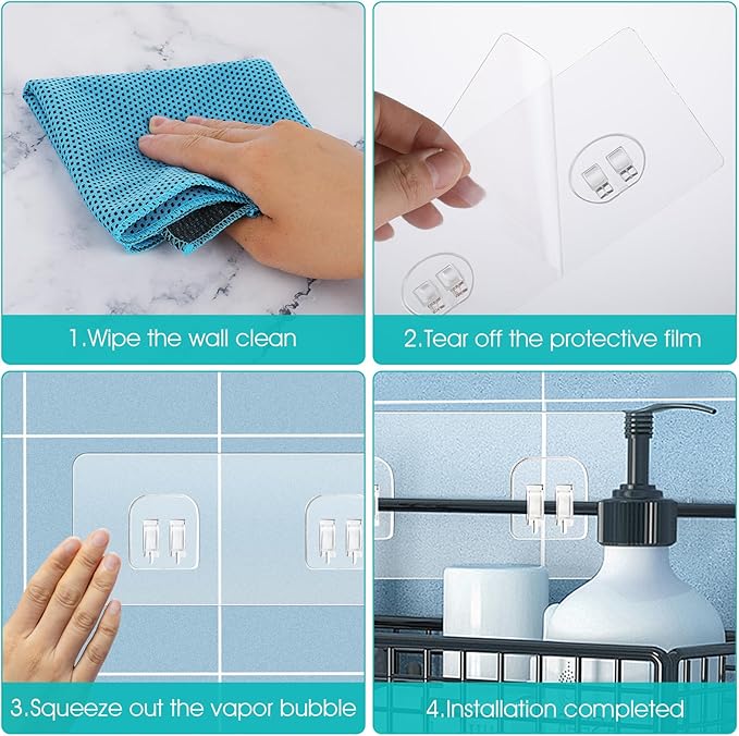 4 Pack Shower Caddy Adhesive Replacement, Strong Adhesive Sticker Hooks for Corner Shower Caddy Bathroom Shelf Basket Soap Dish Hanging Hooks Kitchen Accessories No Drilling