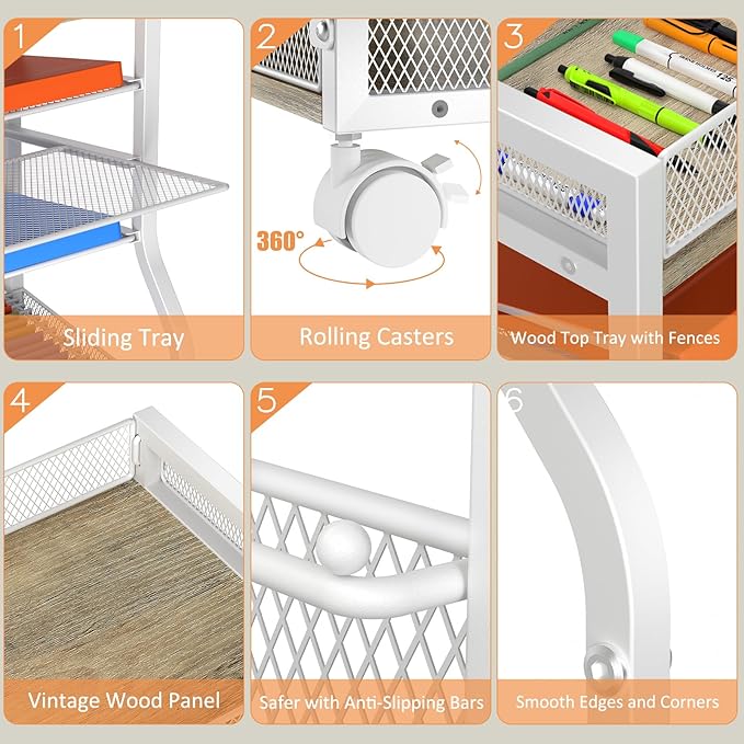 5-Tier Rolling File Cart with Hanging File Folders, Mobile Desk File Organizer on Lockable Wheels, Wood & Mesh Paper Letter Sliding Trays Organization for Office, Home, School, Patent