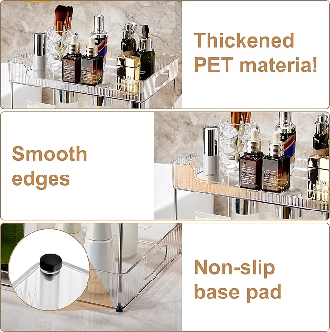 3 Tier Bathroom Counter Organizer, Multi-Purpose Cosmetics Skincare Shelf, Fits A4 Size Makeup Organizer for Office and Vanity Tray, Countertop Storage Solution for Kitchen,Bath.(Clear)