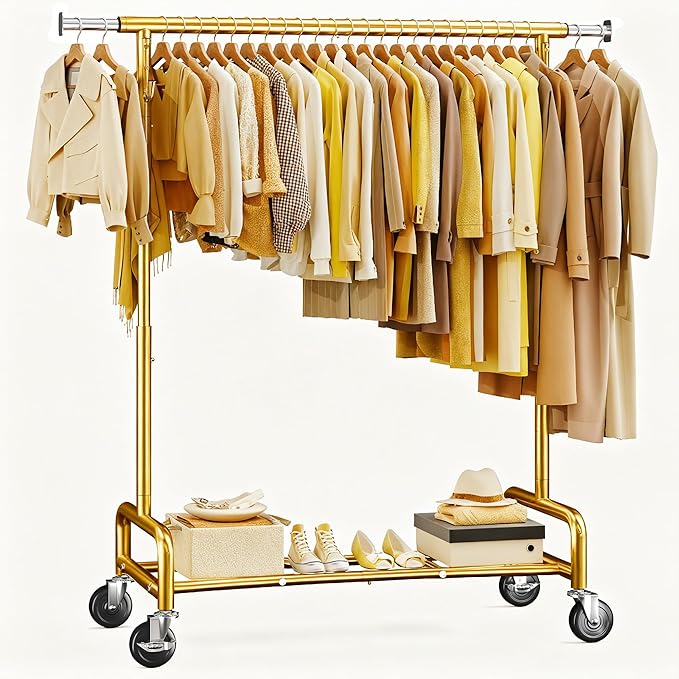 Raybee 75" W Heavy Duty Clothes Rack Load 450 LBS, Metal Garment Storage with Shelf, Lockable Wheels & Anti-Slip Stoppers, Rolling Clothing Rack for Bedroom Laundry Room, Gold