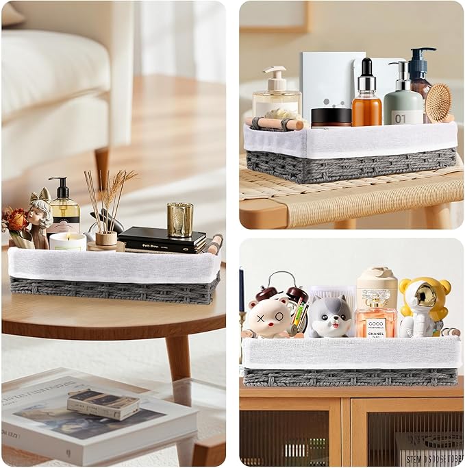 HomeHacks 2 Pack Storage Basket Paper Rope Baskets for Organizing with Handle Decorative Storage Bins for Countertop Toilet Paper Basket for Toilet Tank Top Large Baskets, Grey
